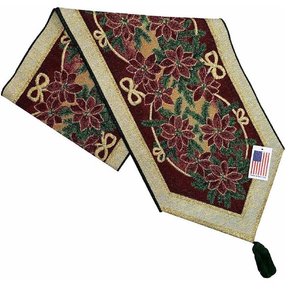Manual Star Table Runner Christmas Poinsettia Ribbon Tapestry Red Shiny G Thread - Picture 1 of 2